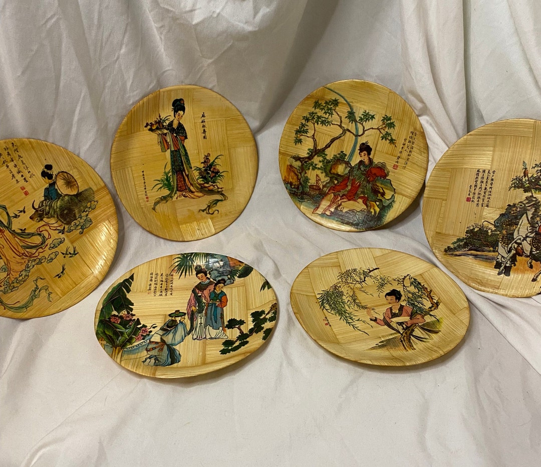 Bamboo Oriental Decorative Plates Set of Six Asian Chinese Plates Made of Bamboo Vintage Asian