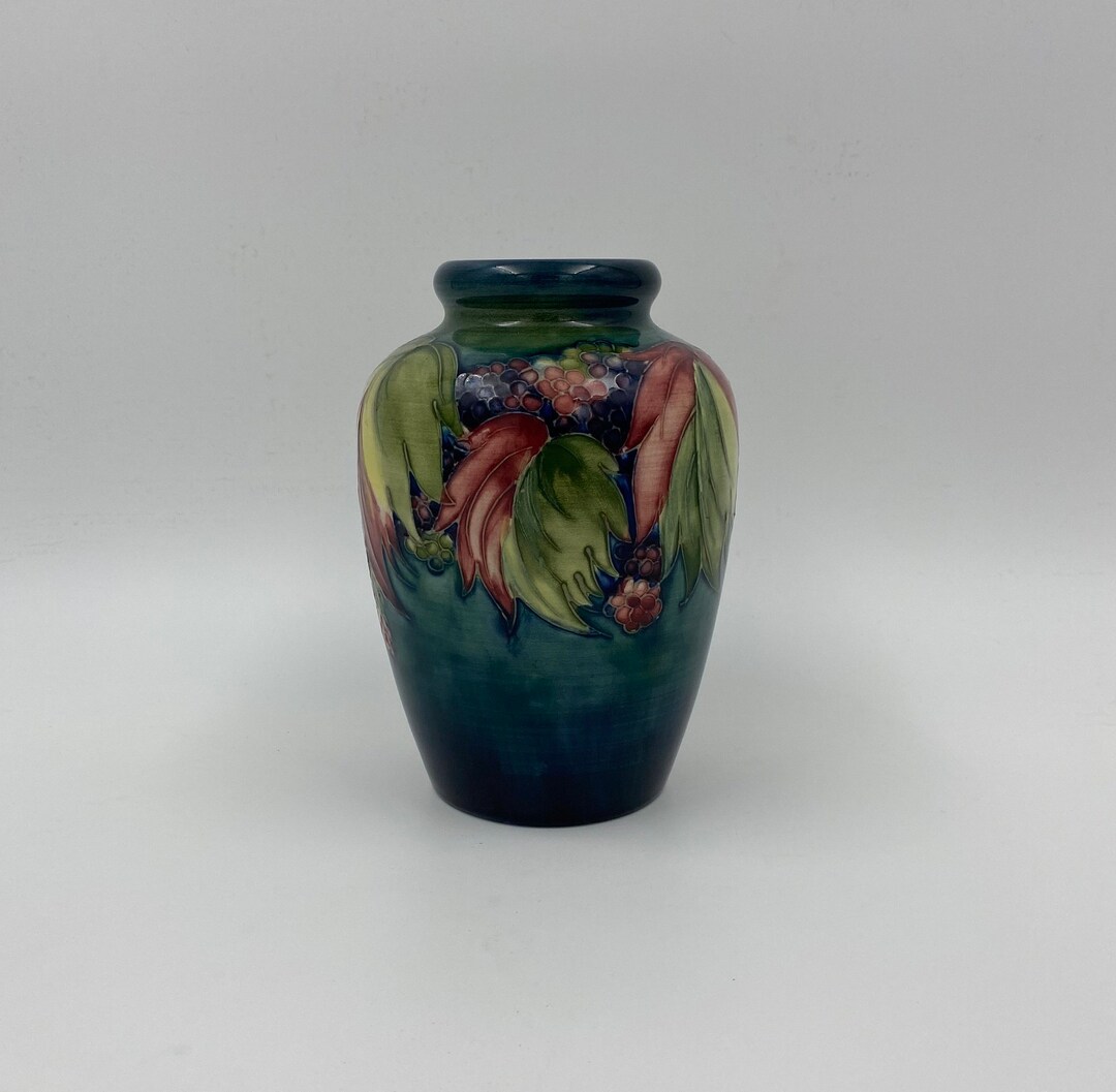 Moorcroft R William Moorcroft Signed 1920s Leaf and Berry Vase Blue Green Ground ...