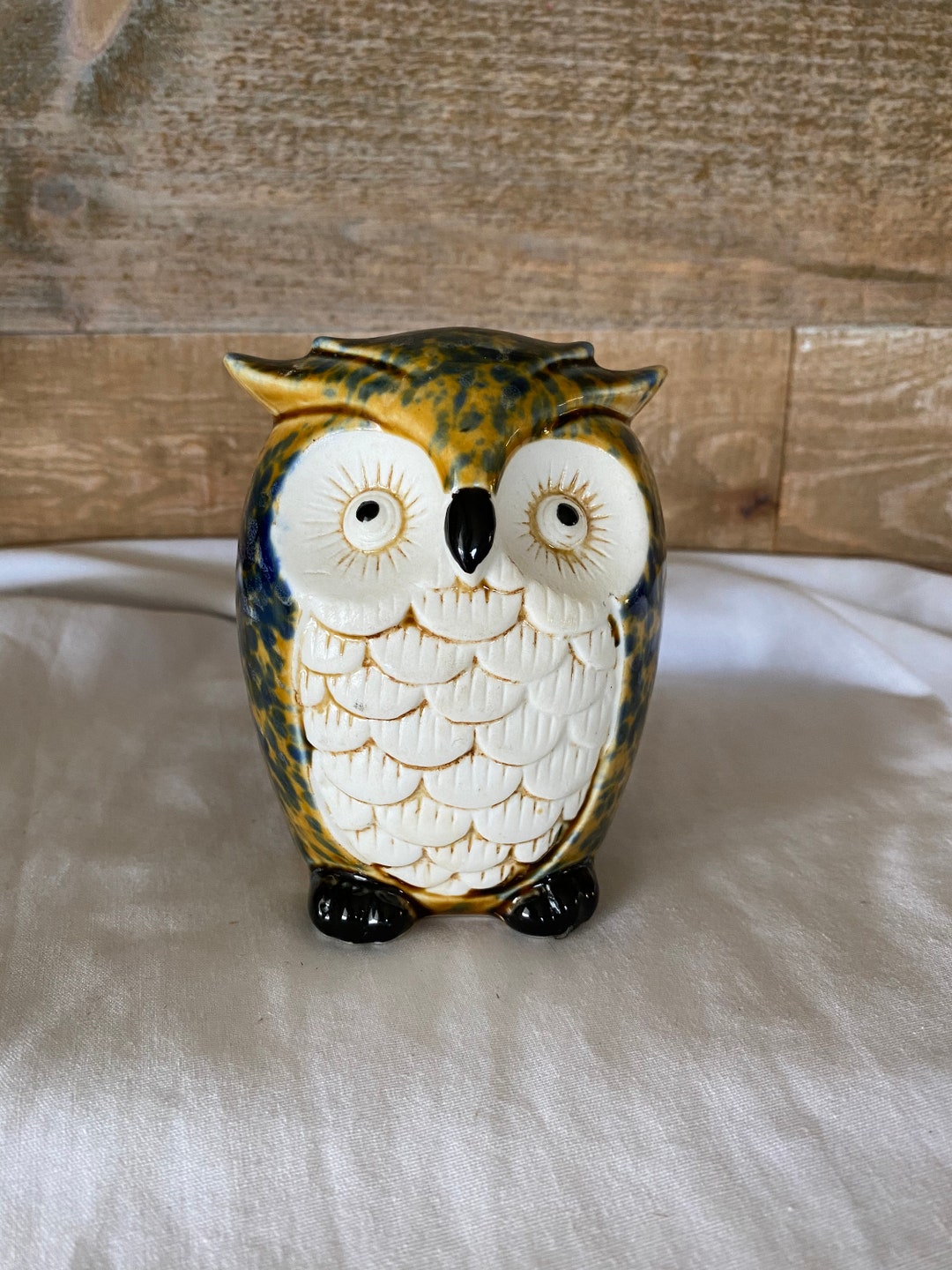 Ceramic Owl Vase Bird Decor Amber Blue White Big Eyed Owl Figurine Owl