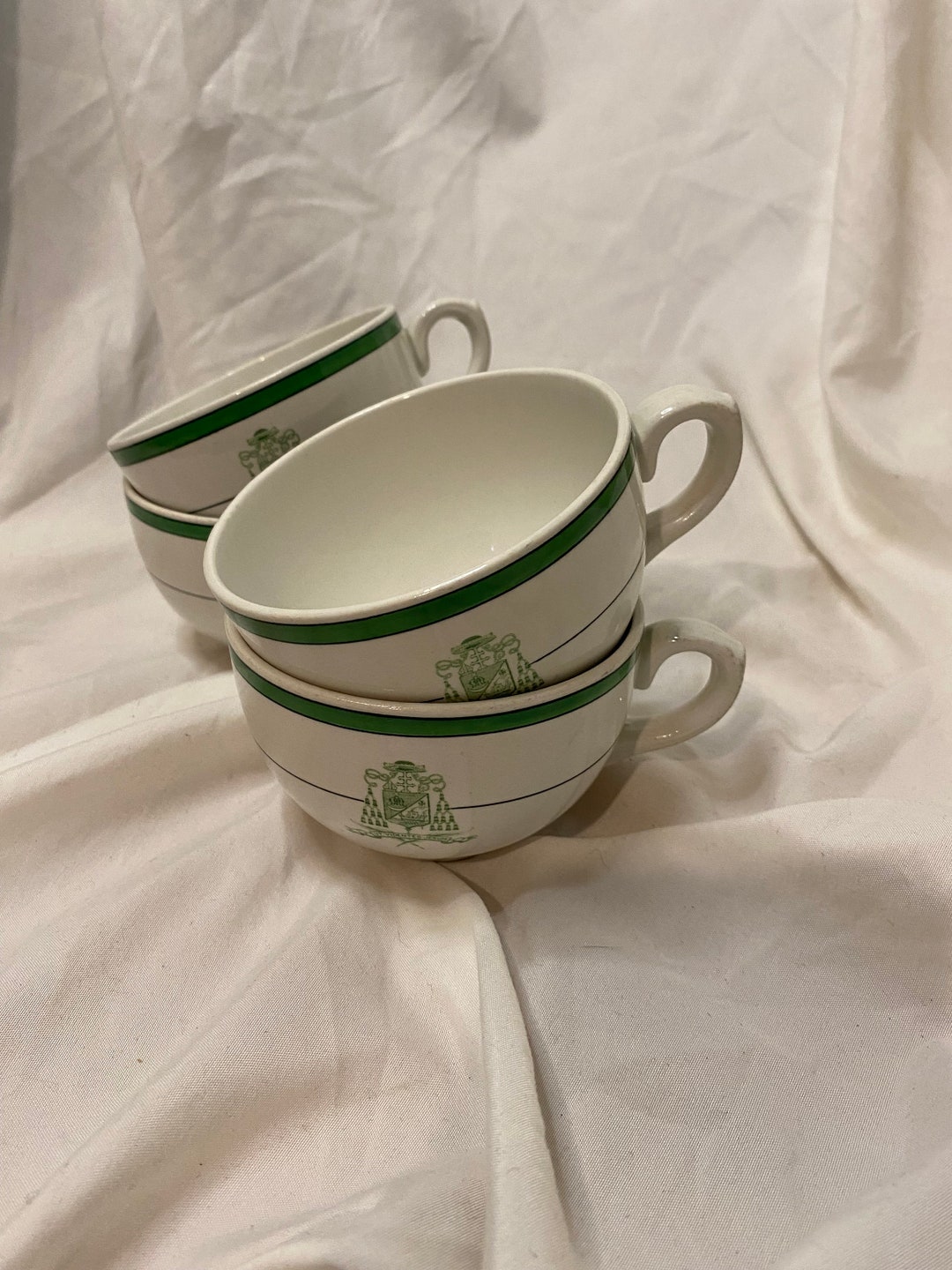 Royal Doulton Ceramic Tea Cups White and Green With Crest on Front That