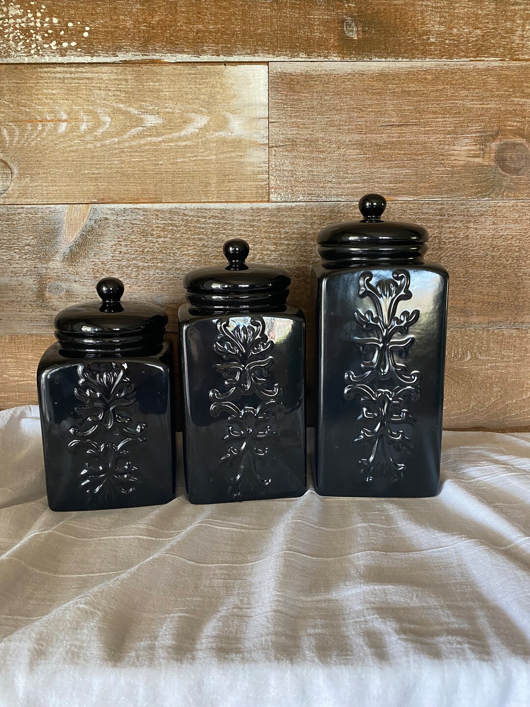 Black Ceramic Canister Set Filigree Design on Front Set of 3 Etsy