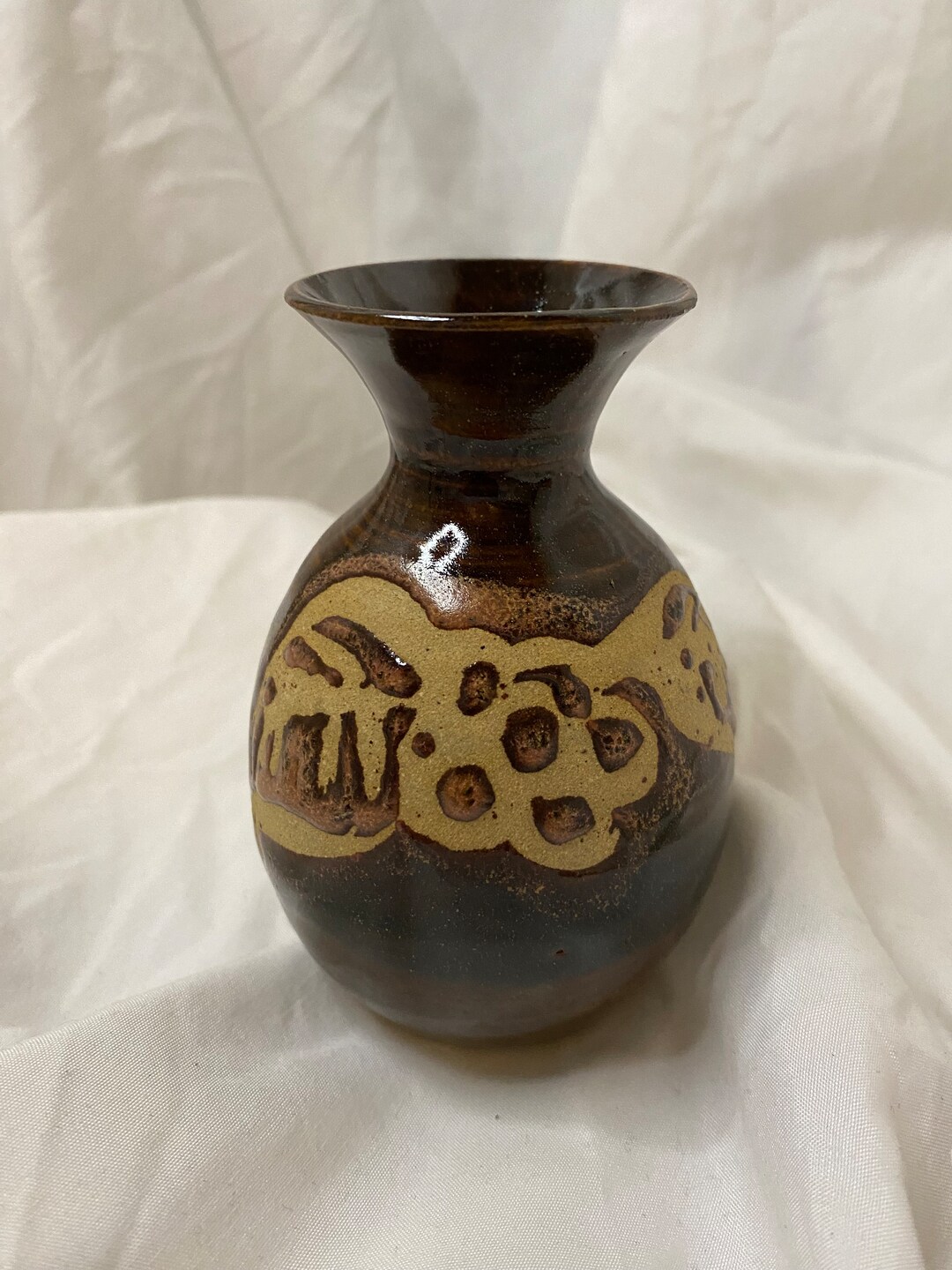 Brown Pottery Vase Reverse Glazed With Flower Design Small Studio