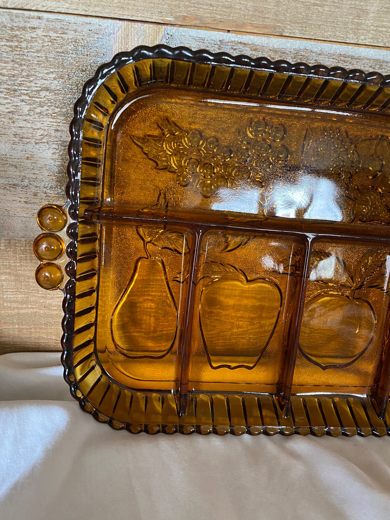 Amber Glass Embossed Serving Tray Divided Cheese Veggie Dish Etsy
