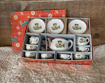 Childs Tea Set 16 Piece Tea Party Child Set of Dishes with Bear and Cat Design on each Piece Original Box Porcelain Tea Set 1960s