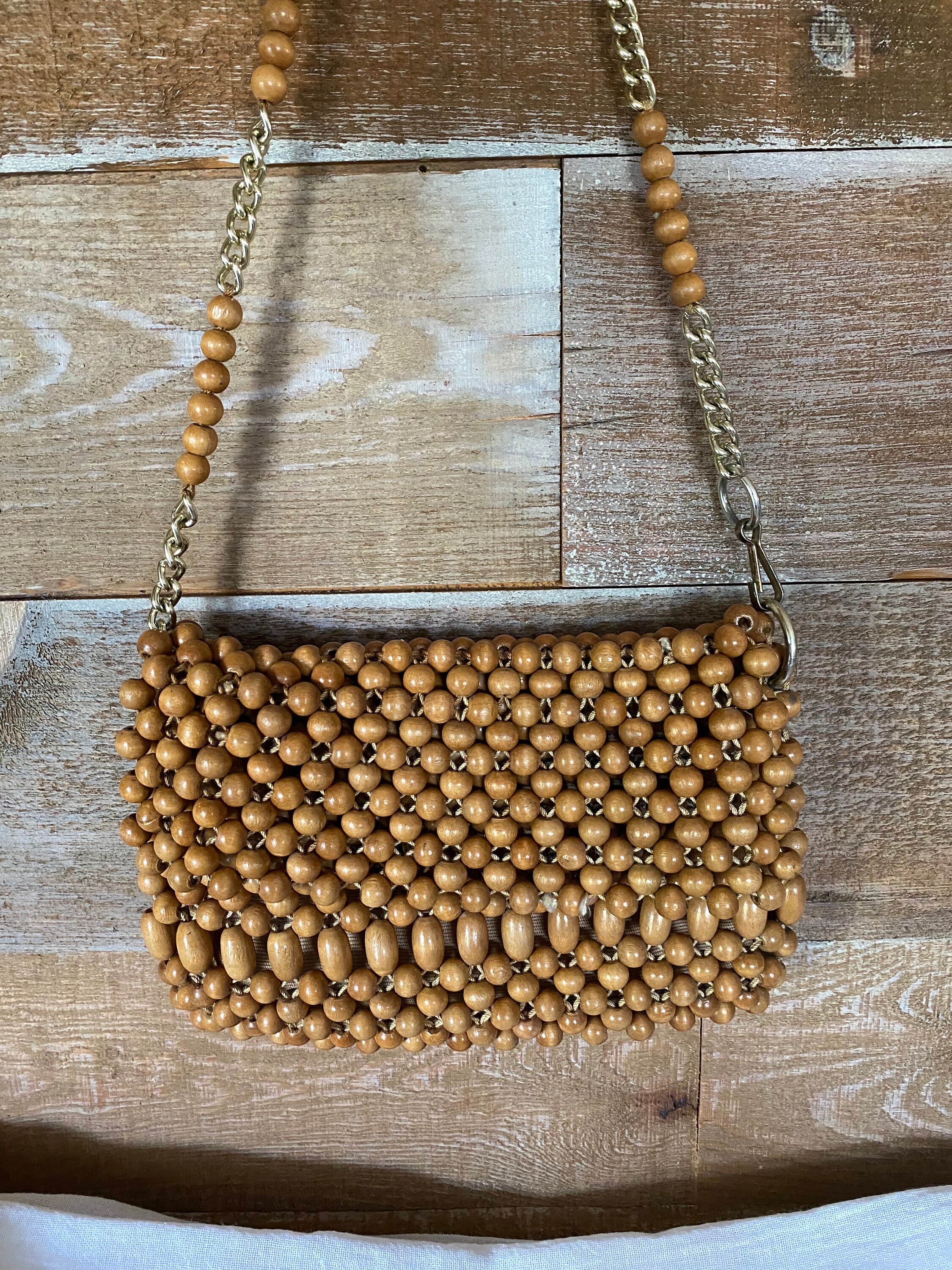Wooden Beaded Purse With Chain and Wood Bead Strap Zip Closure