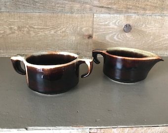 USA Pottery Brown Drip Cream and Sugar Set Vintage Vintage Brown Drip Pottery Creamer and Sugar Dish Set Pottery Creamer and Sugar Dish Set