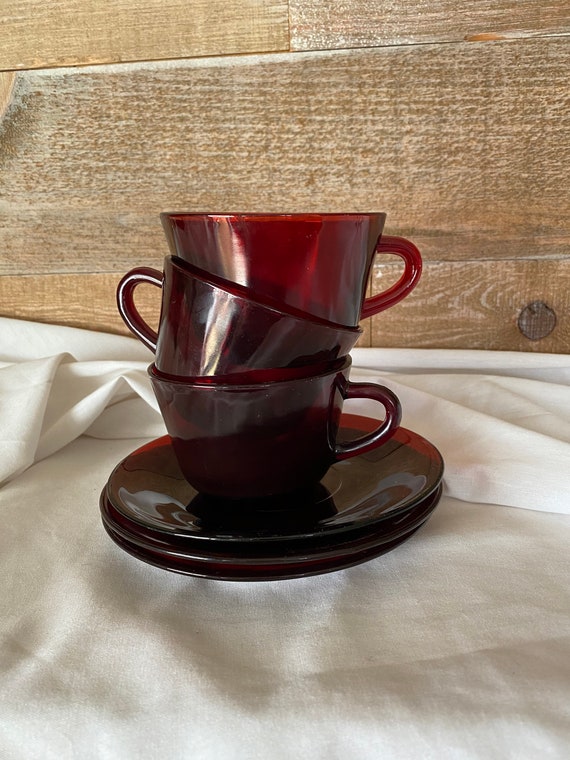 Red Glass Tea Cup and Saucer Set of Three Vintage Glass Cup and