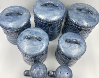 Ceramic Denim Blue Jean Pocket Canister Set Five Piece With