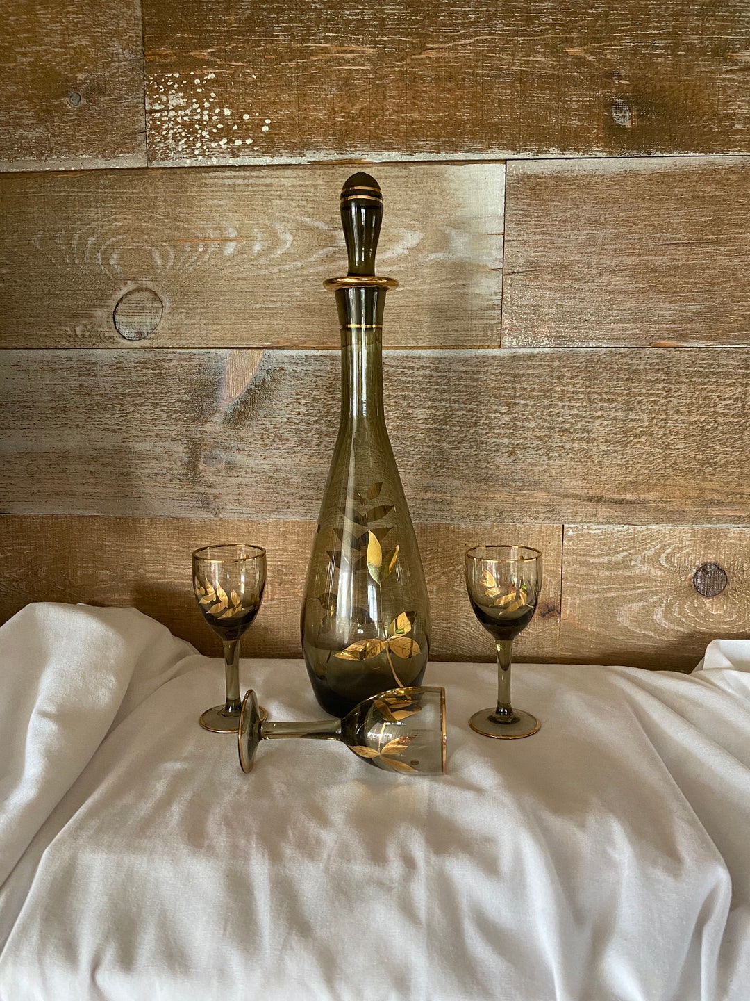 Cordial Set Decanter With Three Cordial Pedestal Base Glasses Etsy