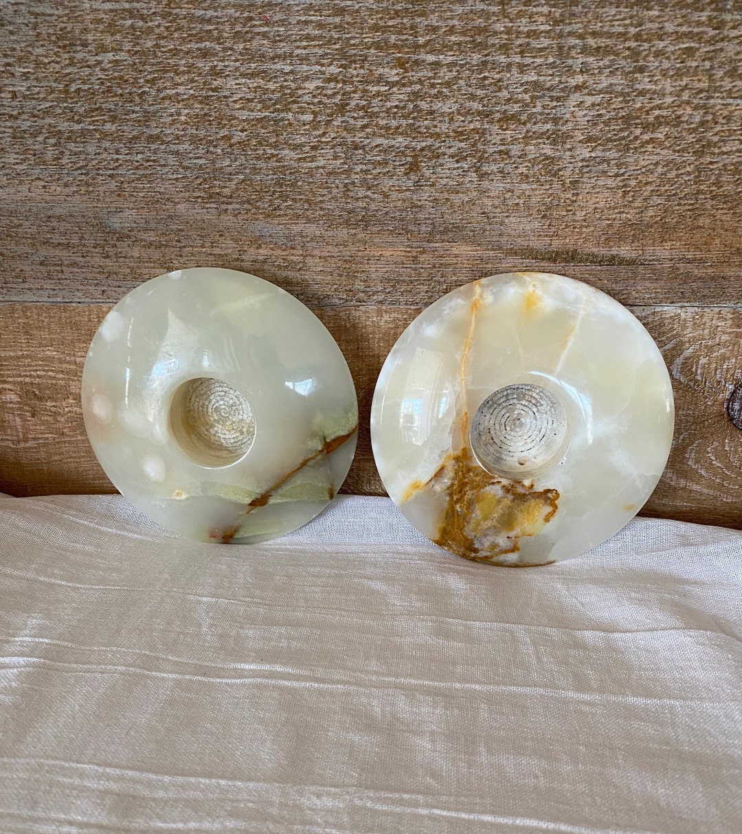 Alabaster Candle Holders Pair Vintage Tea Light Candle Holders Set of Two Carved Stone Polished