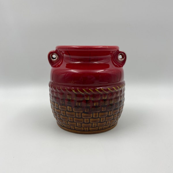 Ceramic Kitchen Tool Holder Vase Red Drip Glaze Brown Basket Weaved Texture Double Handled Unique Kitchen Utensil Holder Storage Vintage MCM