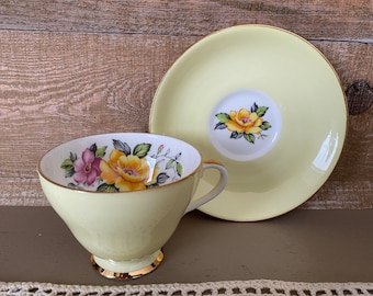 Royal Grafton Bone China Yellow with Floral Tea Cup and Saucer Collectible Cup and Saucer Set Yellow with Flowers Vintage Tea Set