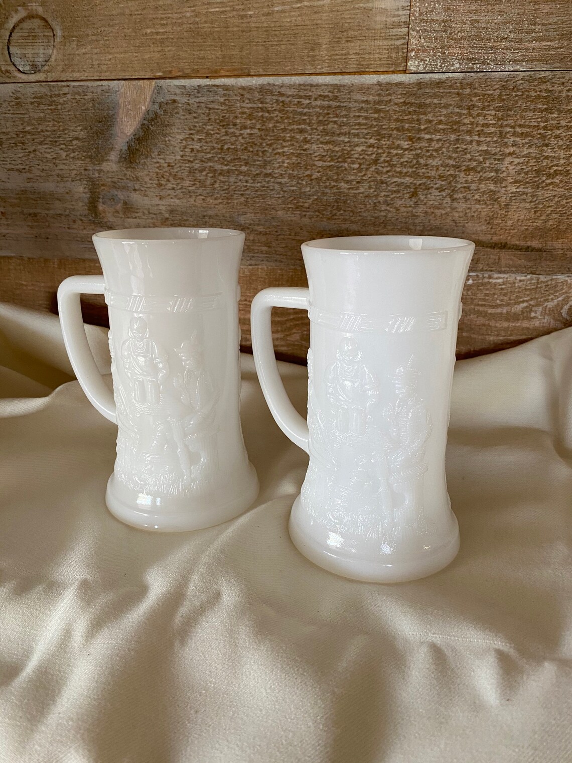 Milk Glass Beer Steins Beer Mugs Embossed Scene on Both Etsy Canada