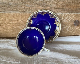 Shelley Tea Cup and Saucer Set Cobalt Blue with Gold Filigree Bone China Teacup and Saucer Vintage Deep Blue Gold and White Beautiful Set