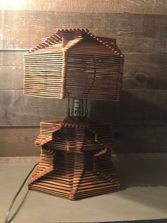 Popsicle Stick Folk Art Lamp Stick Table Lamp Vintage Popsicle Etsy