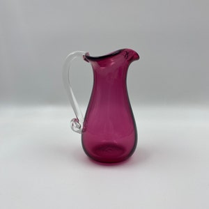 Pink Cranberry Glass Pitcher Hand Blowen Pink Glass Applied Clear Glass Handle Syrup Pitcher Creamer 1980s Decorative Kitchen Dining Decor