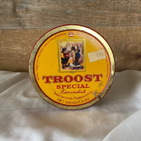 Troost Special Cavendish Smoking Tobacco Four Ounce Tin Vintage Collectible Tobacco Can Troost Special Made in Holland Tobacco Round Tin