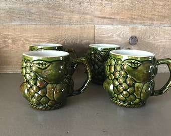 Ceramic Fruit of Plenty Coffee Mugs Green Glaze Vintage Set of Four Mugs Hand Painted Fruit of Plenty Ceramic Coffee Mug Set Green and White