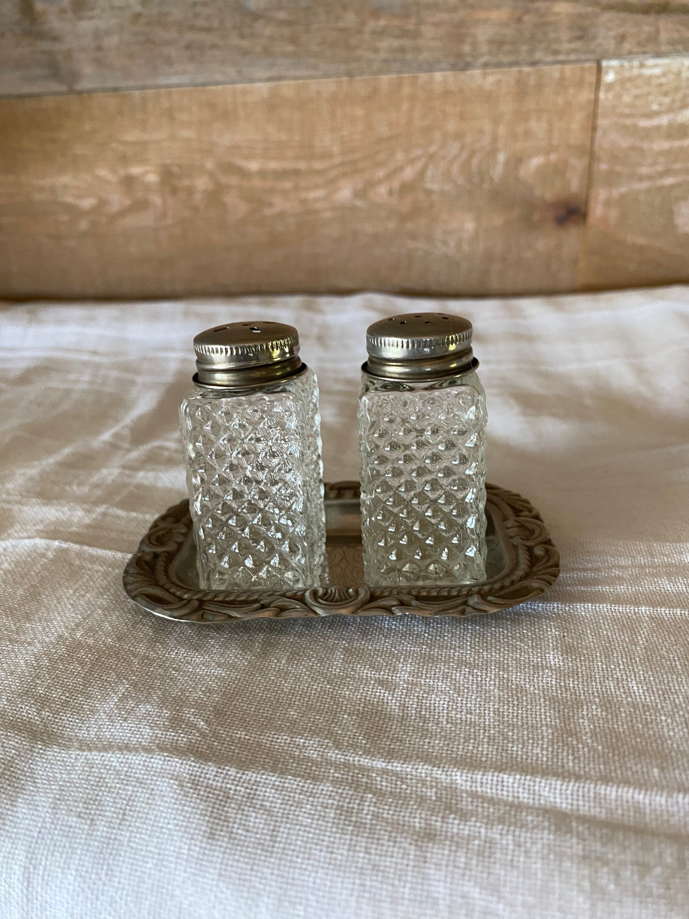 Salt and Pepper Shakers With Tray Vintage Unique Fancy Salt and Pepper  Shakers Cut Glass Silver Metal Tops and Silver Metal Serving Tray 