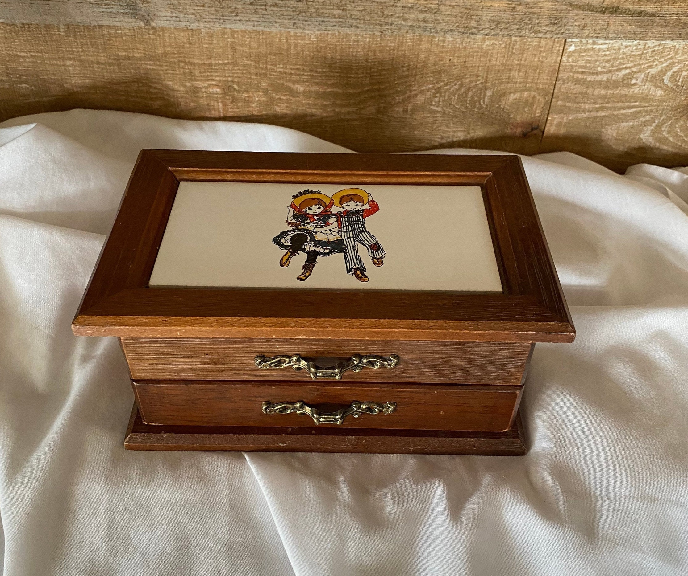 Wooden Jewelry Box With Tile Top Mirror Inside and Drawer