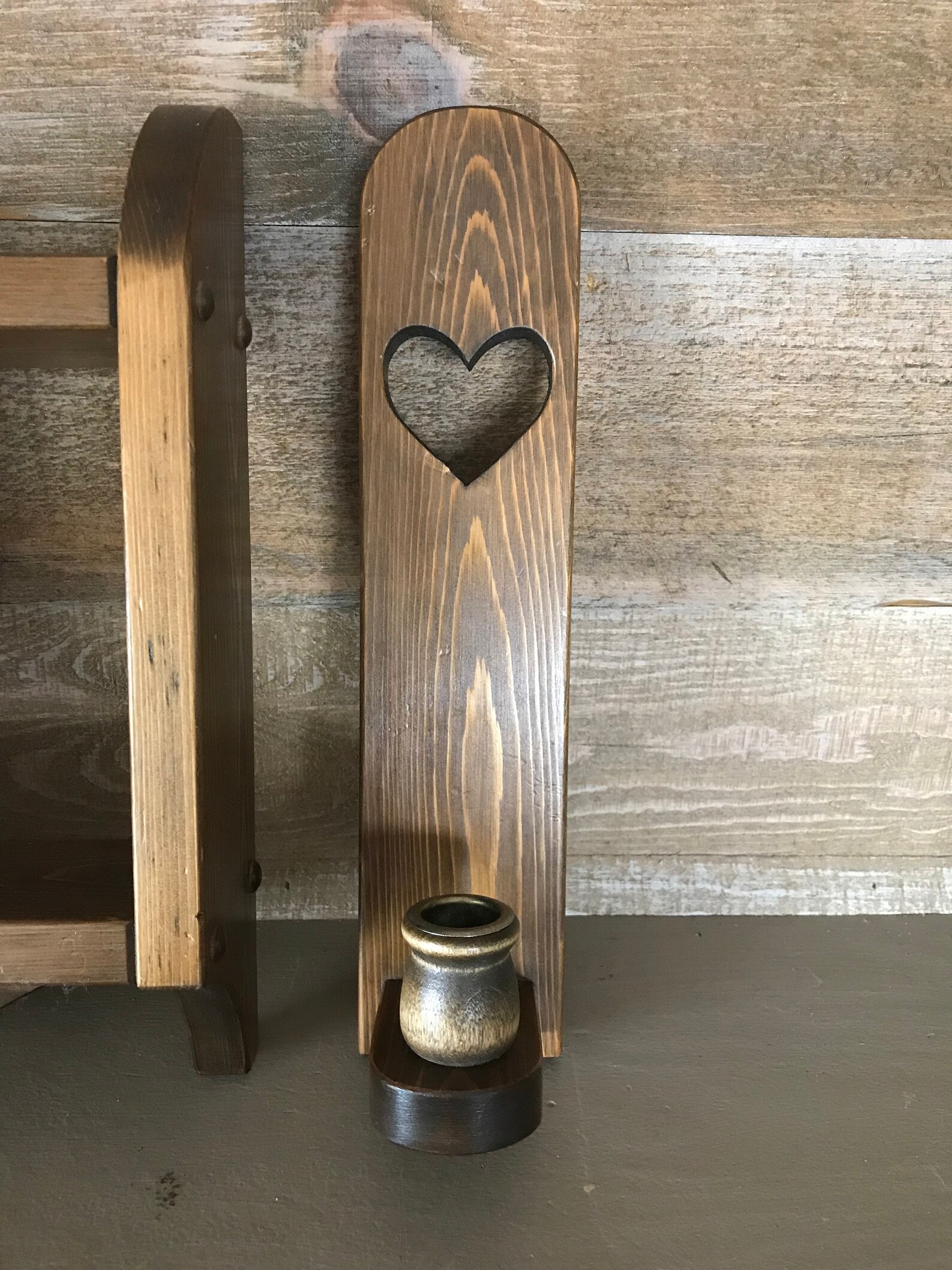Wooden Heart Shelf With Door and Wood Candle Holders Vintage Etsy