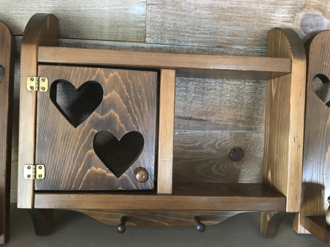 Wooden Heart Shelf With Door and Wood Candle Holders Vintage Etsy