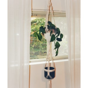 May include: A white macrame plant hanger with two black pots hanging from it. The hanger is attached to a white ceiling. A green plant is growing out of the top pot.