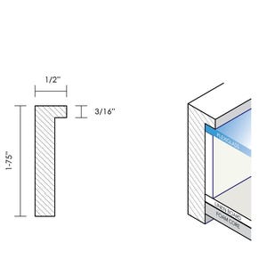 May include: A black and white line drawing of a picture frame with dimensions of 1-75 inches by 1/2 inch. The frame is 3/16 inch thick and has a linen board foam core with a layer of Plexiglas.