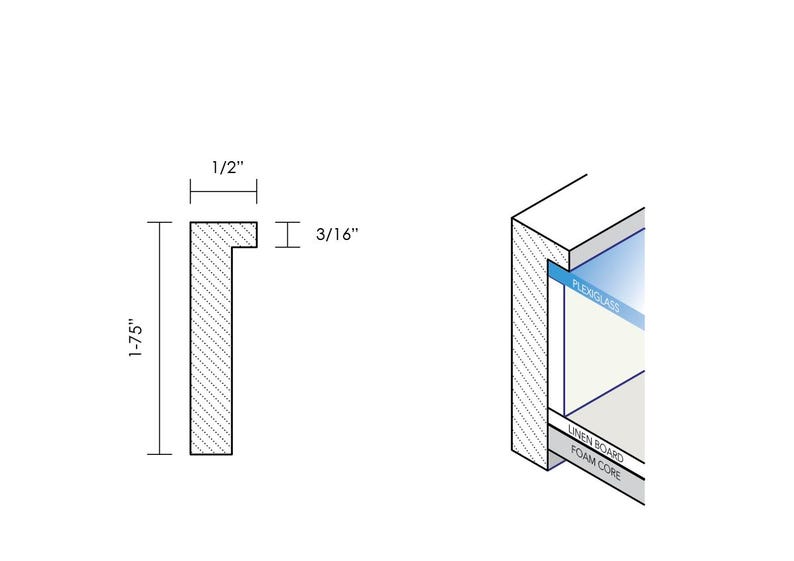 May include: A black and white line drawing of a picture frame with dimensions of 1-75 inches by 1/2 inch. The frame is 3/16 inch thick and has a linen board foam core with a layer of Plexiglas.