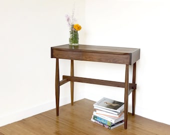 Vainty Desk with Mirror and Drawer, Modern, Minimal, MCM style. 'Walnut Vanity Desk' with open top mirror
