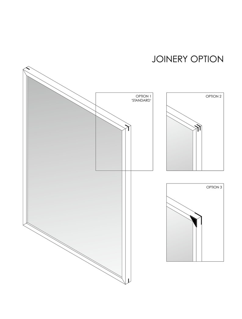 May include: Diagram showing three different joinery options for a frame. Option 1 is labeled "Standard", Option 2 is labeled "Option 2", and Option 3 is labeled "Option 3".