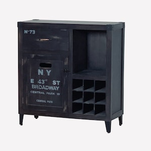 Wine Cabinet | Solid Wood | New York City Graffiti | Industrial Cabinet