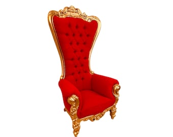 Tufted Red Mahogany Wood Throne Chair: Ornate Queen High-Back