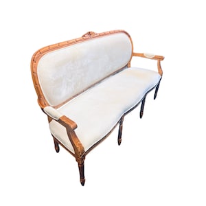 French Teakwood Velvet Settee: Hand-Carved Loveseat