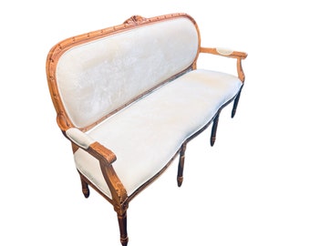 French Teakwood Velvet Loveseat, Sofa