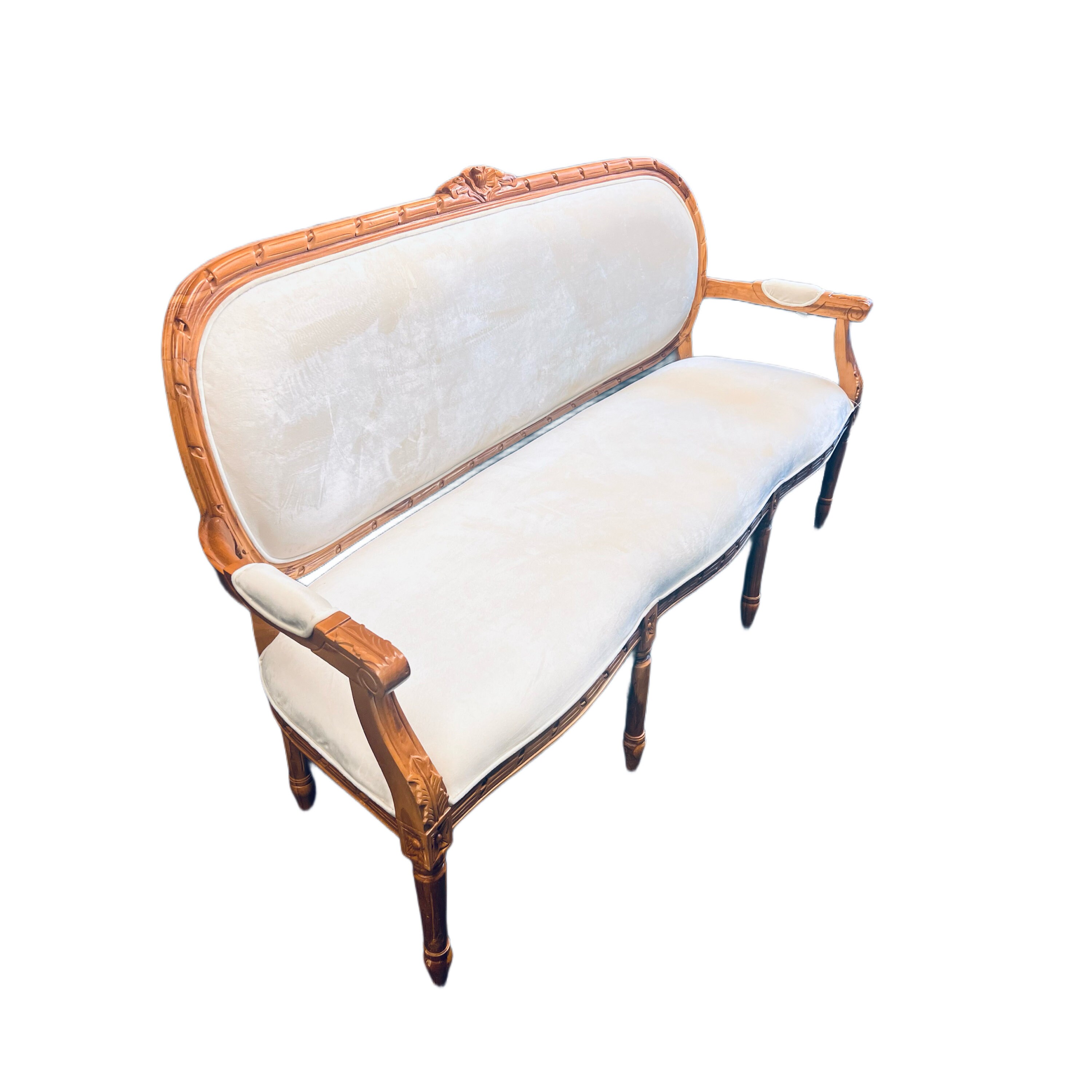 French Teakwood Velvet Settee: Hand-Carved Loveseat