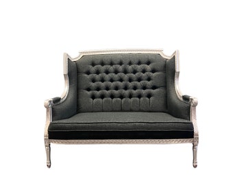 Hand-Tufted Black Fabric Settee: Solid Mahogany Wood, Handmade