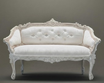 Hand-Carved French Louis Settee: Solid Cedar, Tufted White Velvet