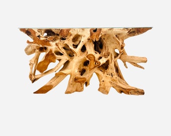 Teak Root Console Table: Organic Glass Top Accent Table
