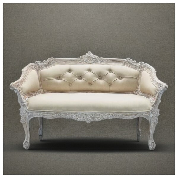 Stunning Handmade Solid Wood French Louis Ornate Carvings Organic Fabric Settee