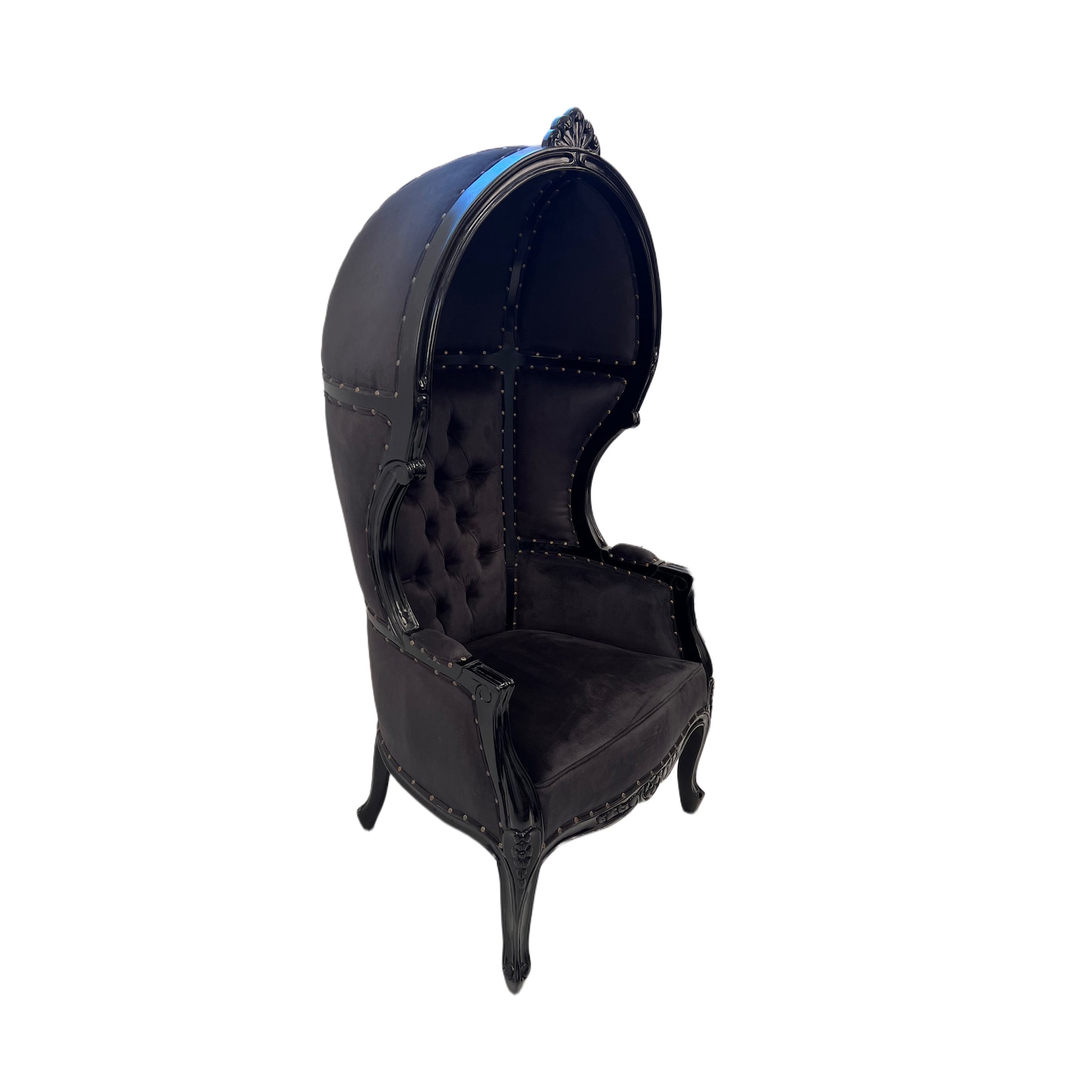 Gothic dome canopy chair in black velvet and carved wood, perfect for BDSM dungeon or elegant fetish lounge
