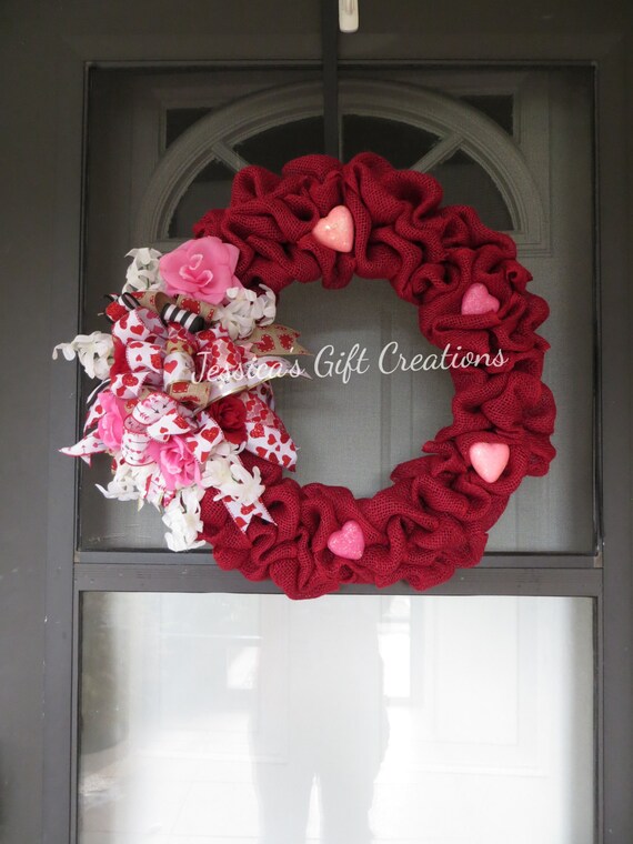 Valentines Day Door Wreath 20 Burlap Red Hearts Full Burlap Wreath Primitive Valentines Day Decor Hearts Decor READY TO SHIP