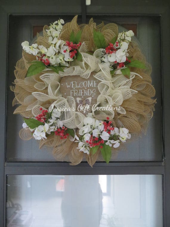Made To Order Welcome Mesh Wreath Front Door Wreath Everyday Etsy
