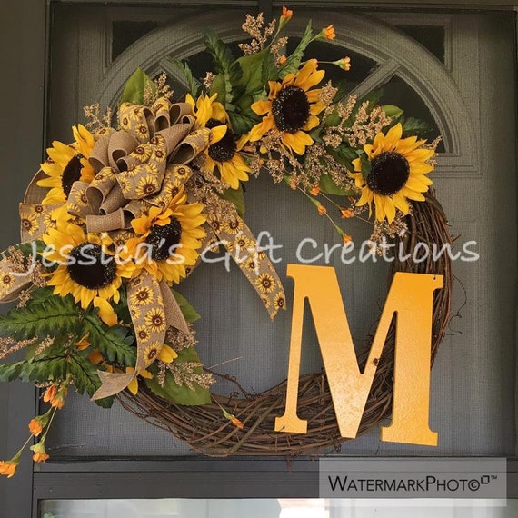 front door monogram wreath Sunflower grapevine wreath