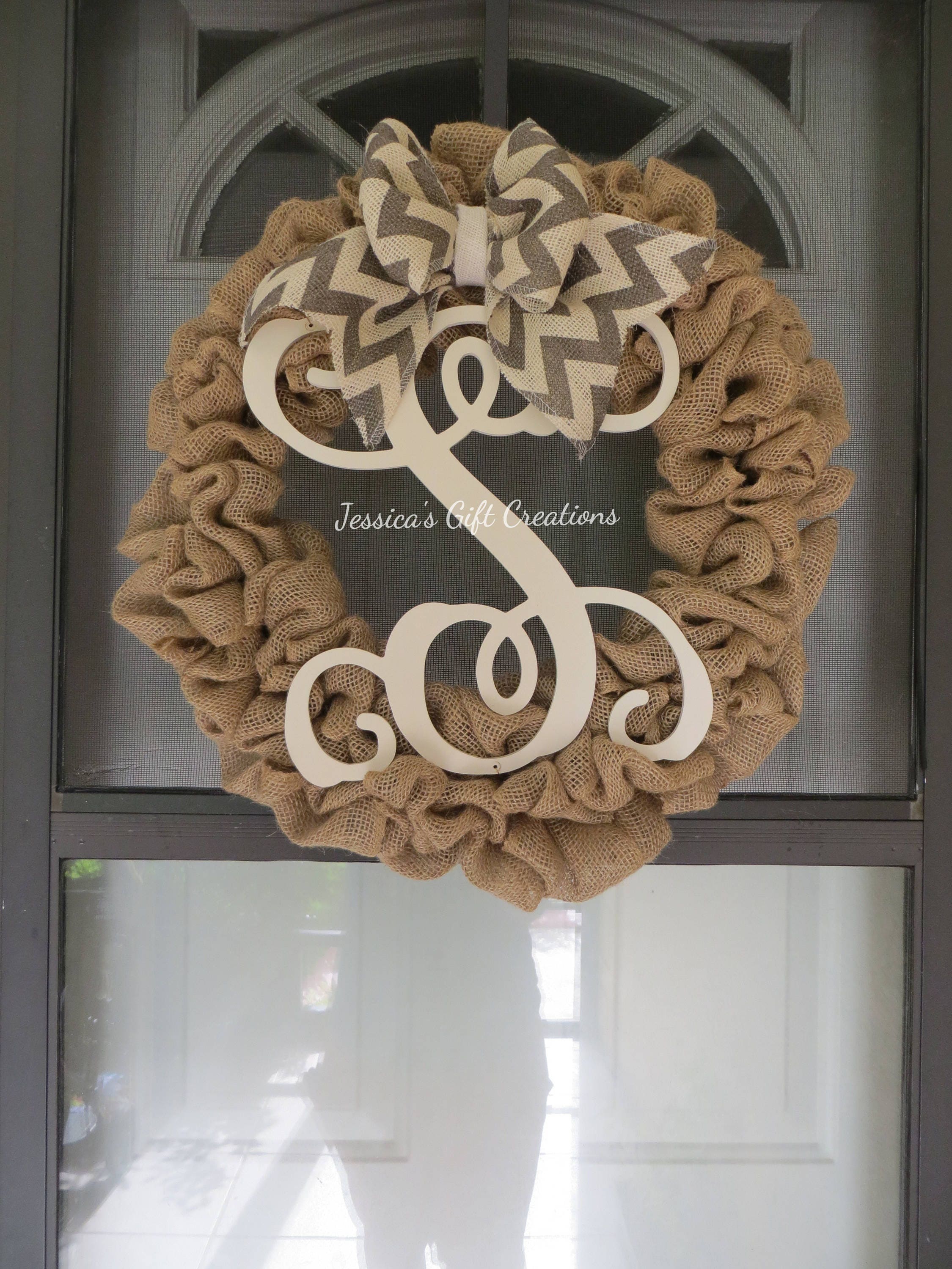 Made To Order Monogram Burlap Wreath Front Door Zoom