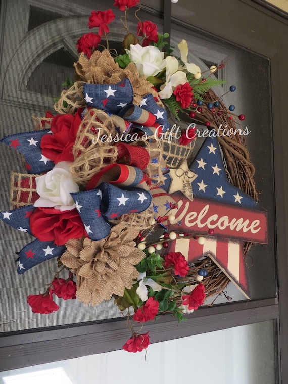 Ready to Ship Star Burlap WreathFront Door Wreath4th of July DecorMilitaryRed White and BlueCamouflageEverydayWelcomeUSAAmerica