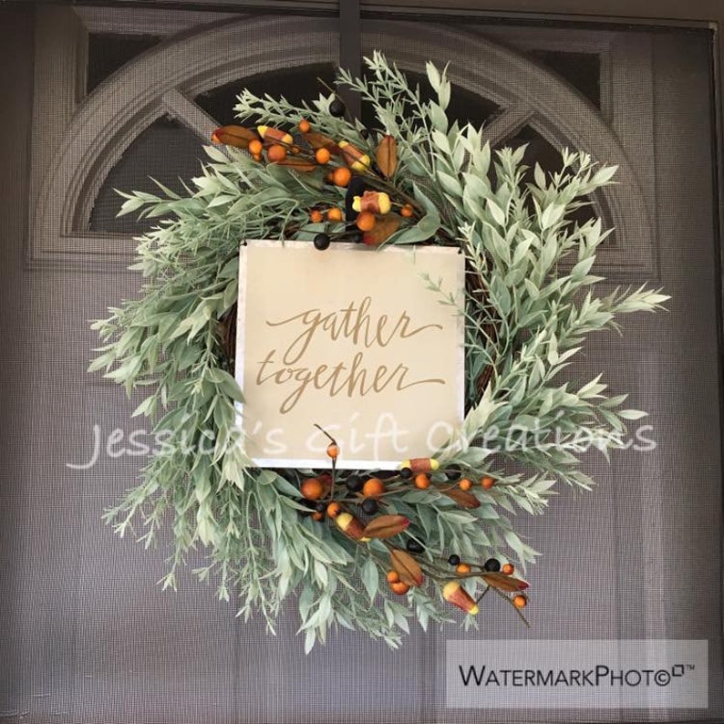 NEW ReadytoShip Gather Together Lotus and Rosemary WreathFront Door WreathFall WreathSeasonal Door HangerThanksgiving WreathCandy Corn