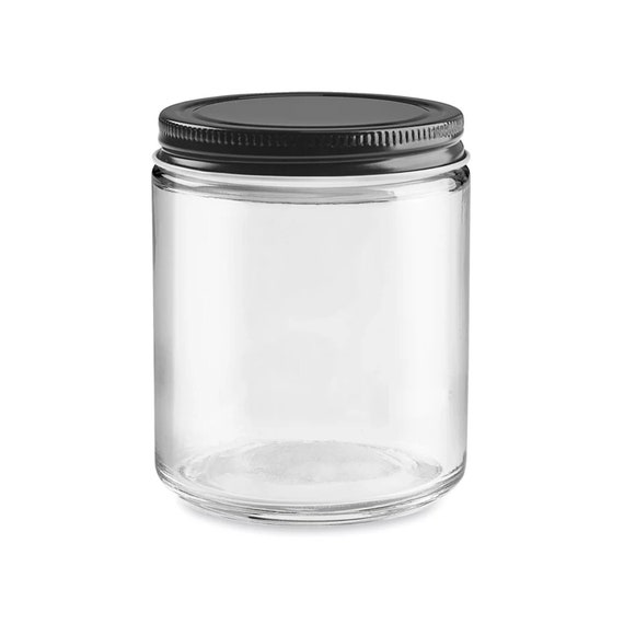 8oz Clear Glass Jars, Set of SIX, Black Metal Lid, Candle Jar, Cosmetic Jar,  Glass Container, Cosmetic Container, Black Lid 