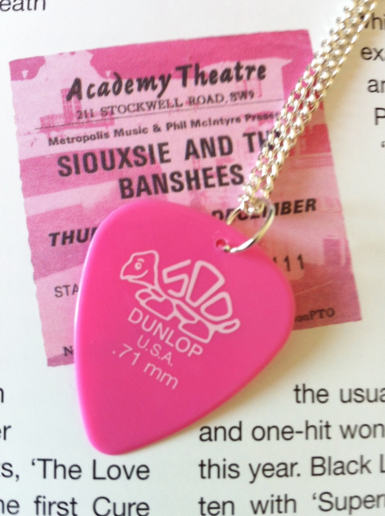 Vintage retro style genuine hot pink rock chick guitar plectrum charm necklace pendant musician music lovers musical instrument gift