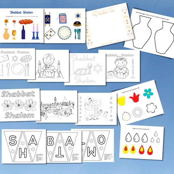 Shabbat Crafts for kids of all ages.  Coloring pages and 3-D crafts for shabbat family night. Instant Download Printable for US and A4 sizes